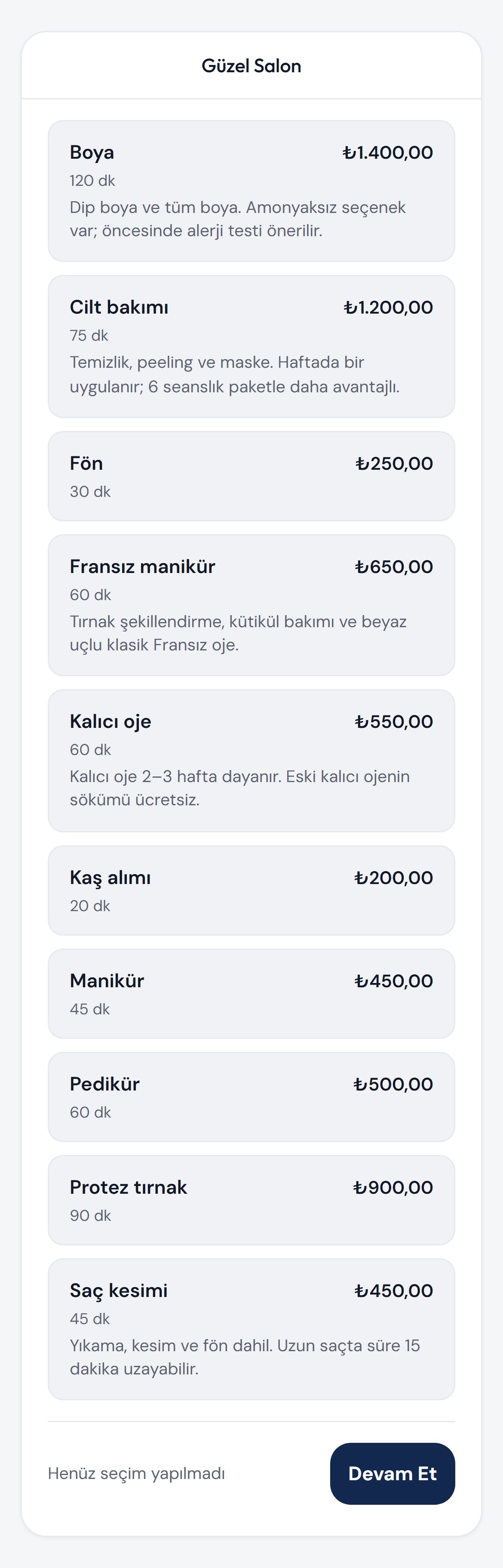 Salonun online randevu sayfası: hizmetler, süreler ve fiyatlar